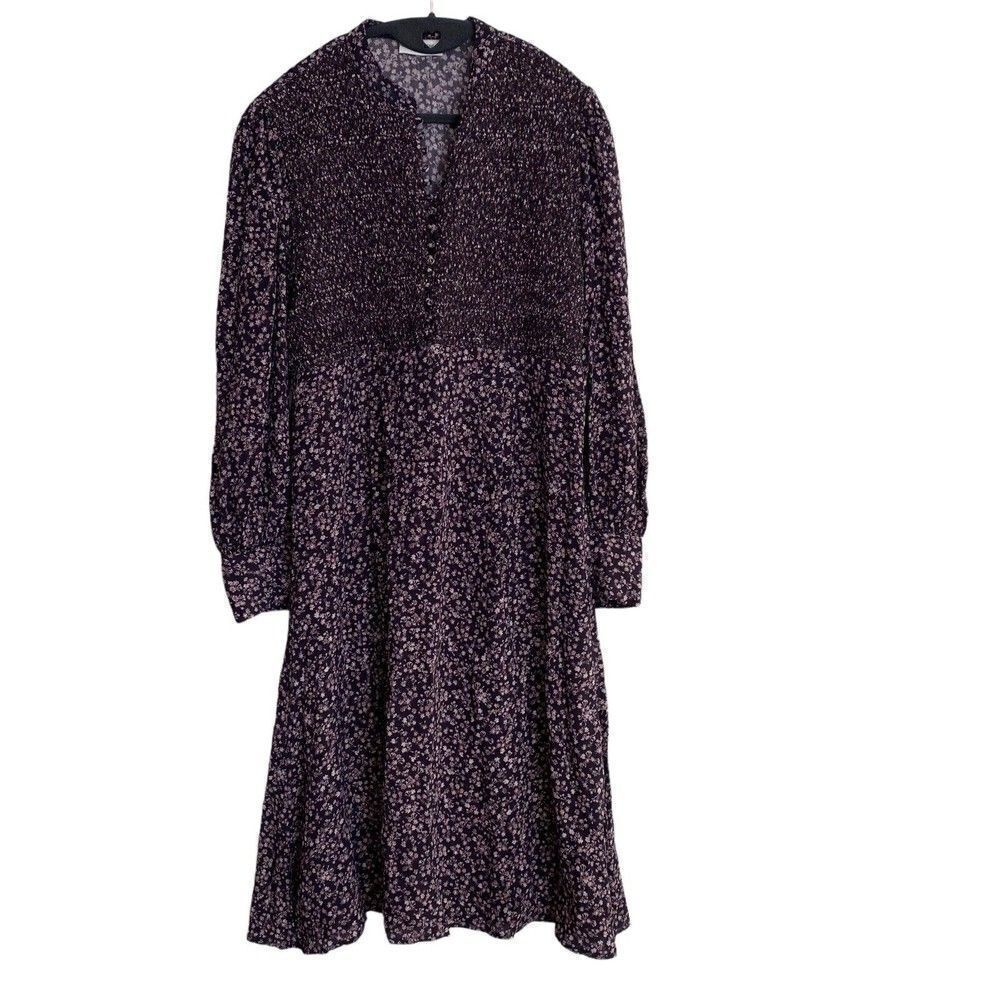 SAINT HELENA Chiffon Floral Purple Smocked Long Sleeve Dress SIZE S Pockets